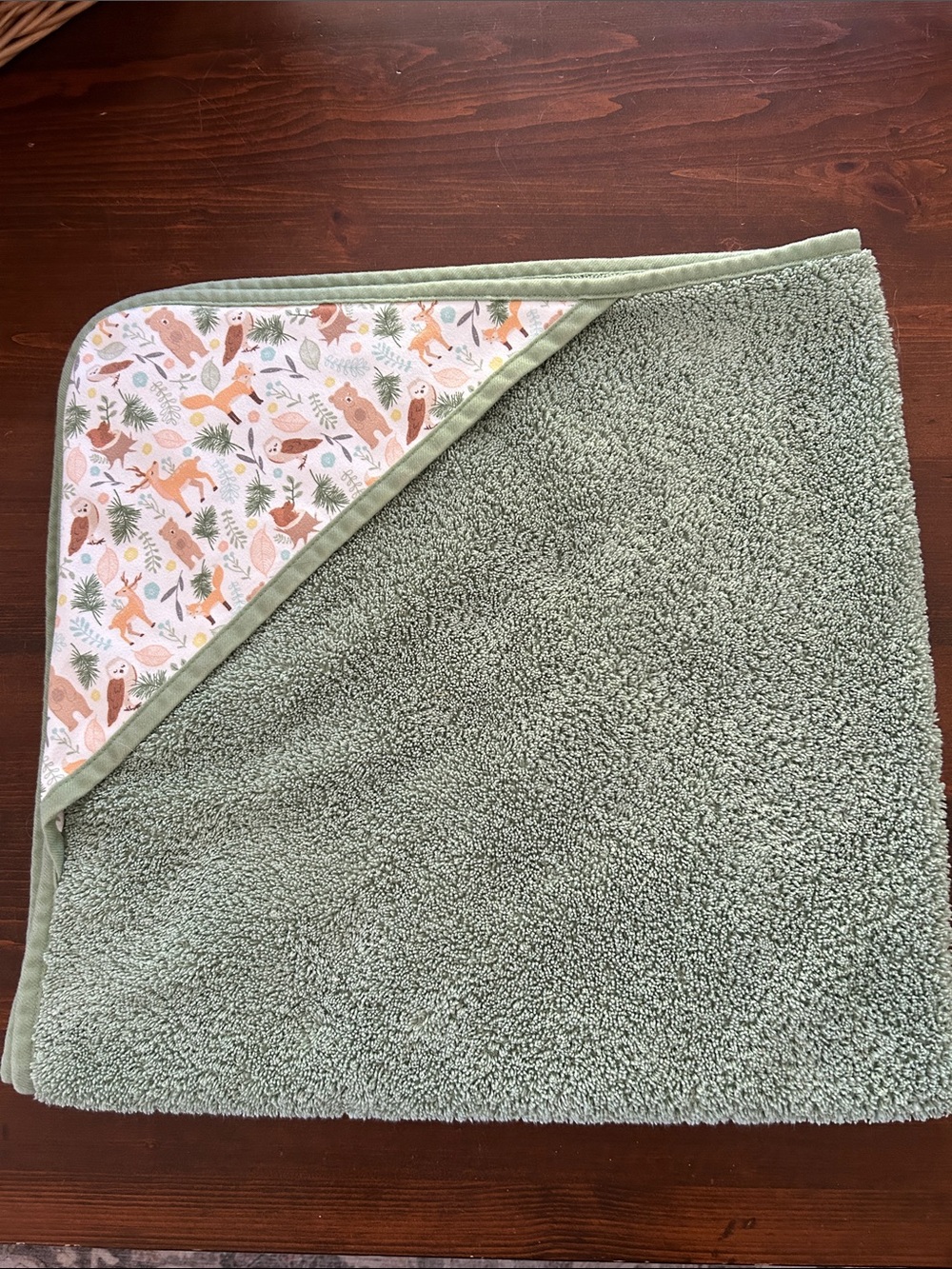 Norwex Sage Green Hooded Baby Towel with Woodland Animal Print